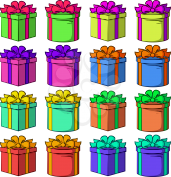 Set Colorful Gift Boxes Square and Round Forms with Bows, Holiday Symbols, Isolated on White Background. Vector
