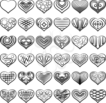 Set of Valentine Hearts with Abstract Patterns, Holiday Symbols of Love, Black Contours Isolated on White Background. Vector