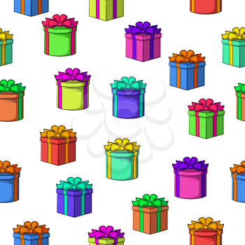 Seamless Background with Colorful Gift Holiday Boxes Isolated on White. Tile Pattern for Your Design. Vector