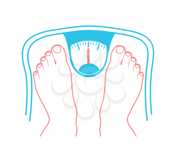 Concept of overweight in the form of feet on weighing scales. Icon in the linear style