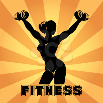 Fitness club and gym emblem or poster design. Silhouette of athletic woman with dumbbells. Free font used.