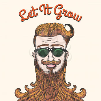 Hipster with huge beard and wording Let It Grow. Humorous Sketch style illustration. Free font used.