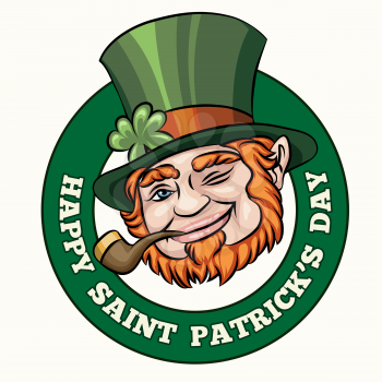 Leprechaun with smoking pipe Saint Patrics Day badge or emblem. Free font used. Isolated on white