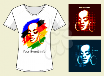 T-Shirt Print in three color variations. African Woman Face with samples of text. Only free font used. 