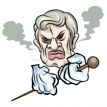 Humorous illustration of angry man with a cane drawn in cartoon style. Isolated on white background.