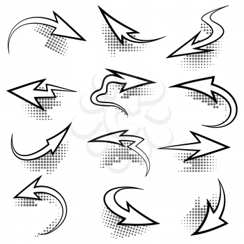 Icon set of arrows with half-tone shadows. Isolated on white background.