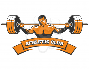 Athletic Club or Gym emblem. Bodybuilder with barbell and banner for your text. Free font used.