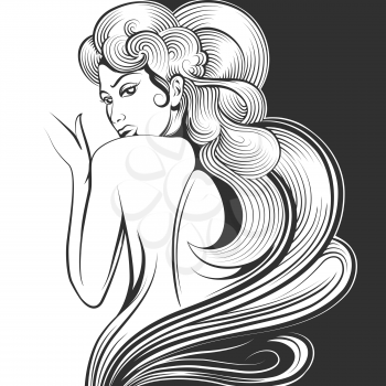 Beautiful woman looks back. Illustration in engraving style. Monochrome image.