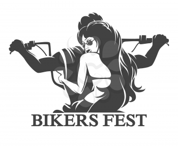 Emblem or label of Bikers Festival. Young Man and woman ride a motorcycle. Only free font used. Isolated on white background.