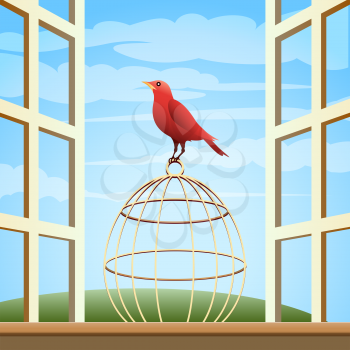 Songbird sitting on a cage in open window.