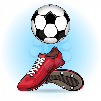 Sporting shoes and soccer ball drawn in cartoon style.