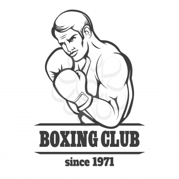Boxing Club Logo or Emblem. A man in in boxing gloves in fighting position. Isolated on white. Free font used.