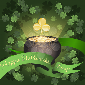 Illustration of cauldron full of golden coins and greeting Saint Patricks Day ribbon against flying shamrocks