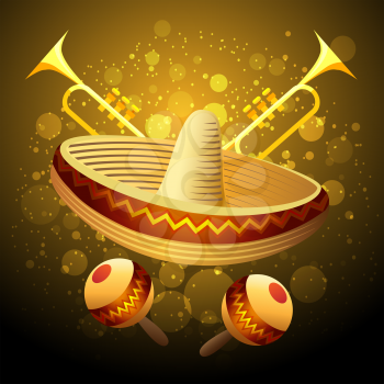 Illustration of fiesta celebration with sombrero, maracas and trumpets against festive background