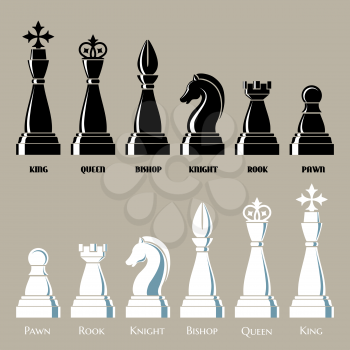 Complete set of chess pieces in black and white. Isolated on monochrome background. Only free font used.