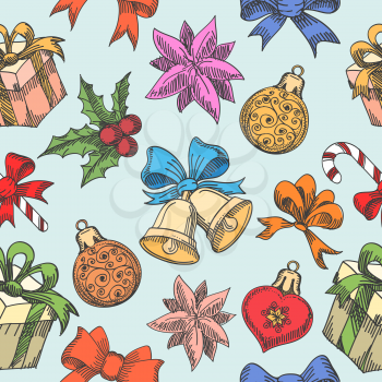 Christmas Symbols Seamless Pattern. Gift boxes, toys, candies, bells and ties.