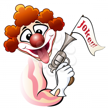 Funny illustration of laugthing clown with a fake revolver