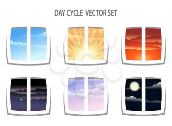 Set of six  colorful day cycle images. Different times of the day from window view. Isolated on white background.