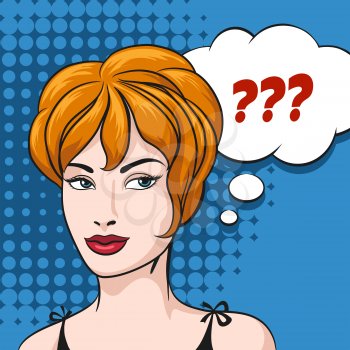 Doubt Woman and speech bubble with question mark. Illustration in comic style.