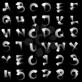 Hand draw alphabet and numbers. Isolated on black background.