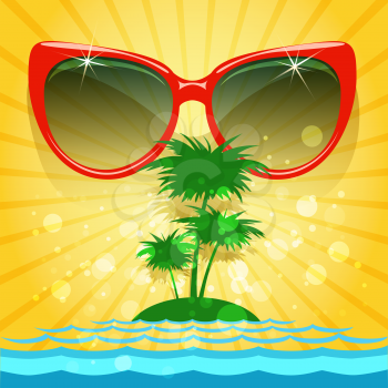 Summer background with sunglasses and tropical landscape. 