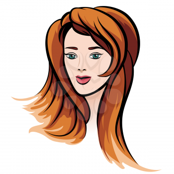 illustration of young girl with long red hair drawn in cartoon style. Isolated on white background.