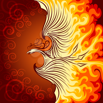 Decorative illustration of flying phoenix bird. Phoenix in burning flame.