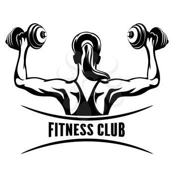 Fitness Club logo or emblem with training muscled woman. Woman holds dumbbells. Only free font used. Isolated on white background.