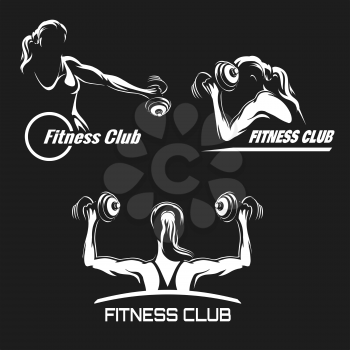 Fitness Club logo or emblem set. Training muscled woman. Woman holds dumbbells in various positions. Only free font used. White silhouetes isolated on black background.
