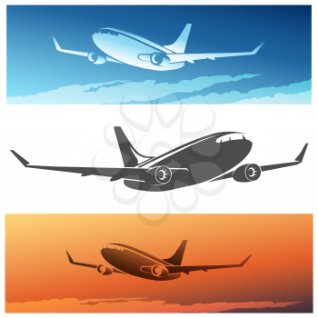 Flying Airplane set. Isolated silhouette and airplanes against morning or sunset sky.
