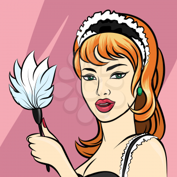 Sexy woman in french maid clothes with duster in a hand. Illustration in pop art style.