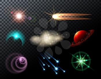Glowing lights, stars, sparkles and comets on transparent background.