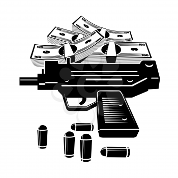 Illustration of uzi gun and lot of money. Isolated on white background.