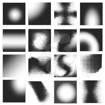 Halftone dots pattern set. Radial, square and twisted shapes. Isolated on white background