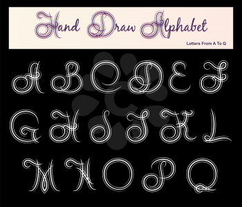 Hand draw alphabet. Letters from a to q. Isolated on black background.