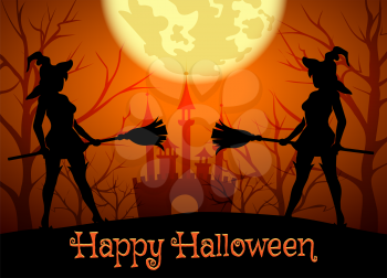 Halloween background with silhouettes of witches and lettering Happy Halloween. 