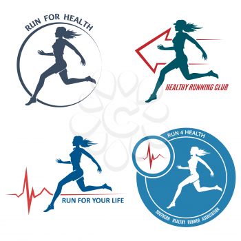 Healthy Run Emblem and Logo Set. Running young woman. Healthy heartbeat sign. Sport and activity. Only free font used. Isolated on white background.