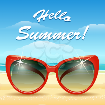 Summer holiday background. Sun glassess on a sand and lettering Hello Summer. Only free font used.
