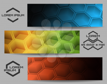 Abstract Design Hexagonal Shapes Banner or header set. Three color variations and separated  logo samples. Isolated on grey. Free font used.