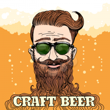 Hipster Head with huge beard with lettering Craft beer against beer foam and bubbles. Colorful illustration in retro style. 