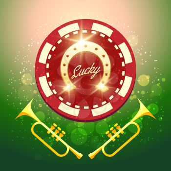 Horseshoe Casino chip with lettering Lucky and two trumpets against festive background.