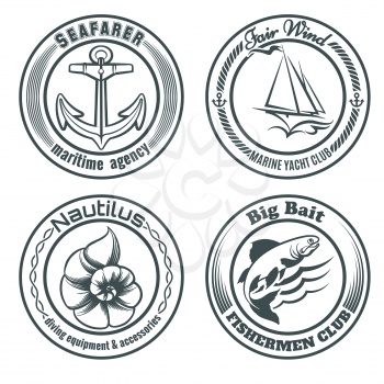 Set of vintage nautical stamps or  labels. Anchor, sailship, seashell and fish. Only free font used. Isolated on white background.