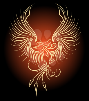 Illustration of flying Phoenix Bird as symbol of revival.