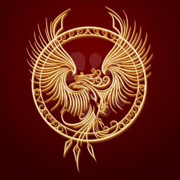 Phoenix Bird with rising wings in a circle. Ancient symbol of revival. 
