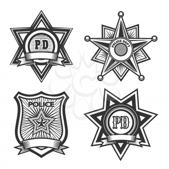 Police badges set. Monochrome isolated on white background. Only free font used.