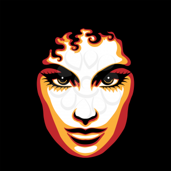Woman face drawn in retro poster style. No gradients used.