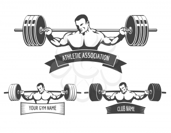 Athletic Club or Gym emblem set. Bodybuilder with barbell and banner for your text. Free font used.