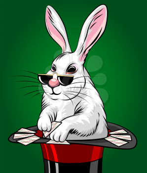 Illustration of rabbit in magic hat with playing cards. Illustration in cartoon style.