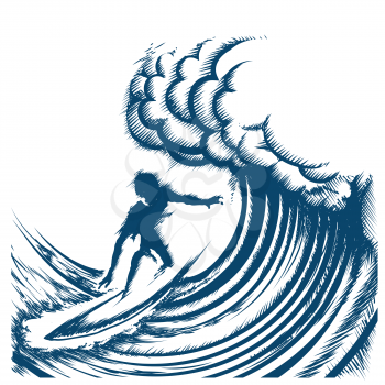 Surfer riding big wave drawn in retro engraving style. Isolated on white Background