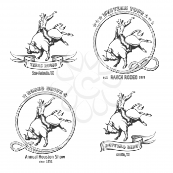 Set of vintage Rodeo labels. Bull riding Emblem and design elements.
